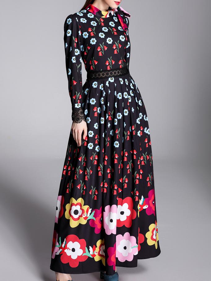 Shein Black Tie Neck Contrast Lace Floral Dress