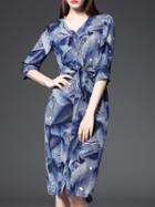 Shein Blue V Neck Tie-waist Denim Dress