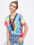 Shein Contrast Eyelet Lace Up Plunge Neck Tie Dye T-shirt