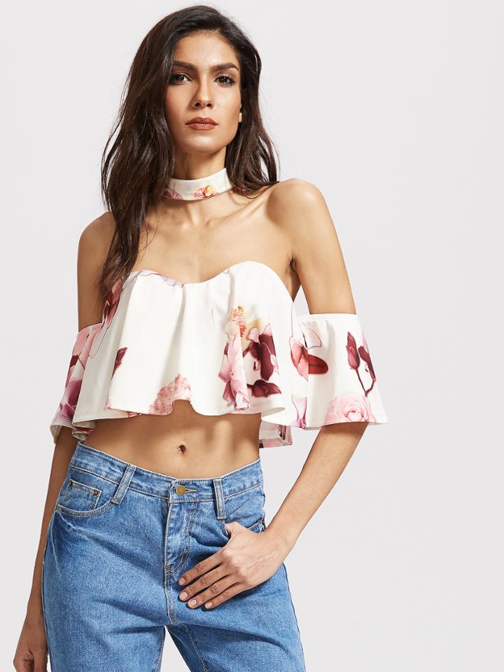 Shein Flower Print Choker Neck Flyaway Top
