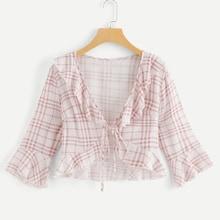 Shein Ruffle Knot Bell Sleeve Plaid Top