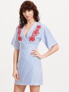 Shein Blue Striped Embroidery Elbow Sleeve Dress