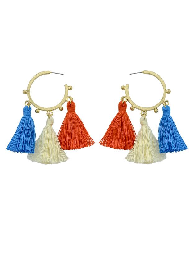 Shein Bohemian Style Blue Red Beige Tassel Hoop Earrings