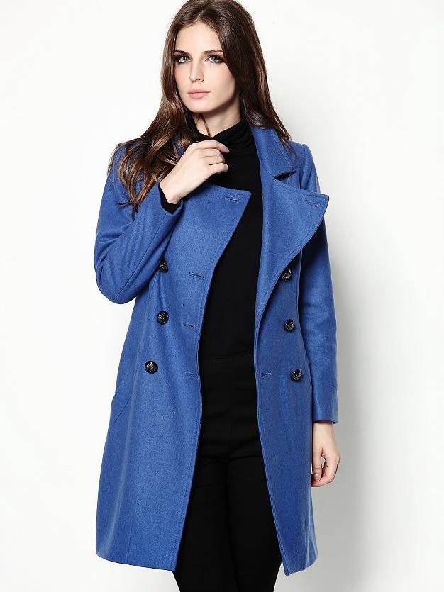 Shein Blue V Neck Long Sleeve Wool-blend Coat