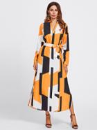 Shein Geo Print V Neckline Tie Waist Shirt Dress