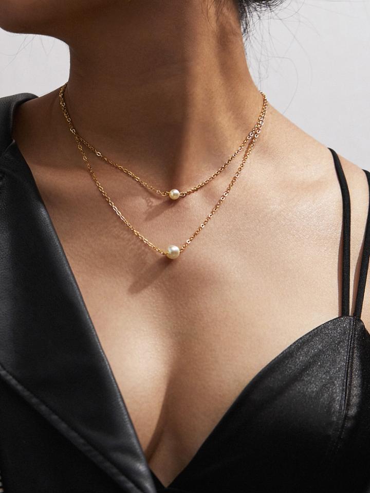 Shein Faux Pearl Pendant Layered Chain Necklace