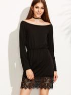 Shein Black Boat Neck Elastic Waist Lace Trim Dress