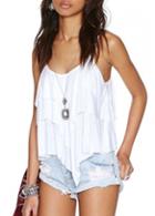 Rosewe Ruffle Embellished Solid White Asymmetric Camisole