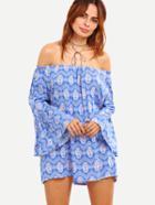 Shein Off-the-shoulder Tribal Print Bell Sleeve Blouse - Blue