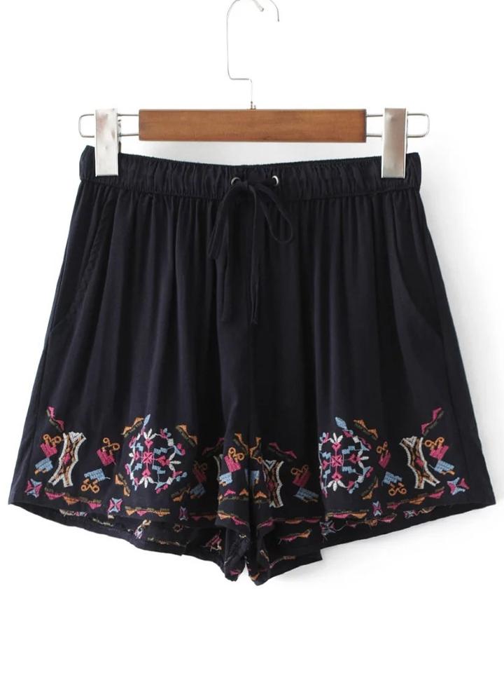 Shein Drawstring Waist Embroidery Shorts