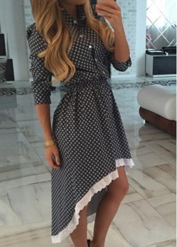 Rosewe Asymmetric Hem Button Closure Dot Print Dress