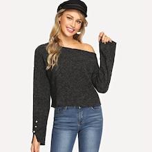 Shein Button Cuff Oblique Shoulder Sweater
