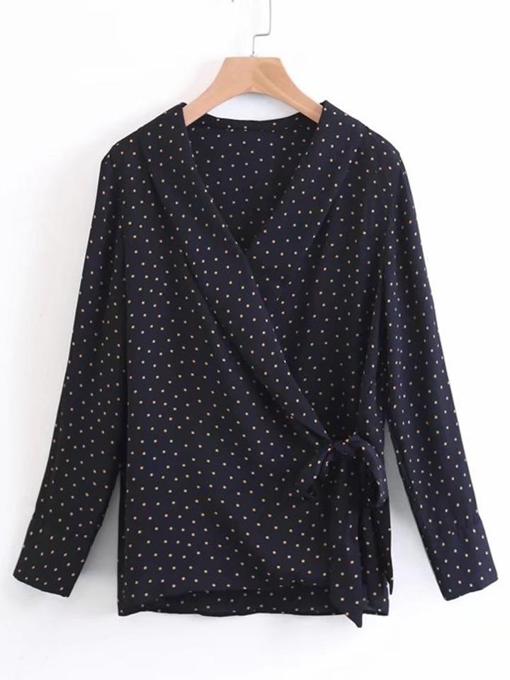 Shein Surplice V Neckline Polka Dot Blouse