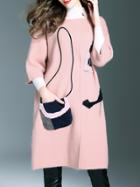 Shein Pink Crew Neck Pockets Long Coat