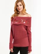 Shein Off The Shoulder Fold Over Flower Embroidered Sweater