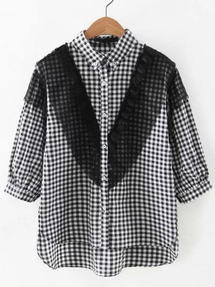 Shein Gingham Plaid Contrast Mesh Trim High Low Shirt
