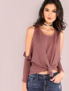 Shein Open Shoulder Knot Front Waffle Knit T-shirt