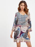 Shein Mixed Print Tassel Tied Neck Dress