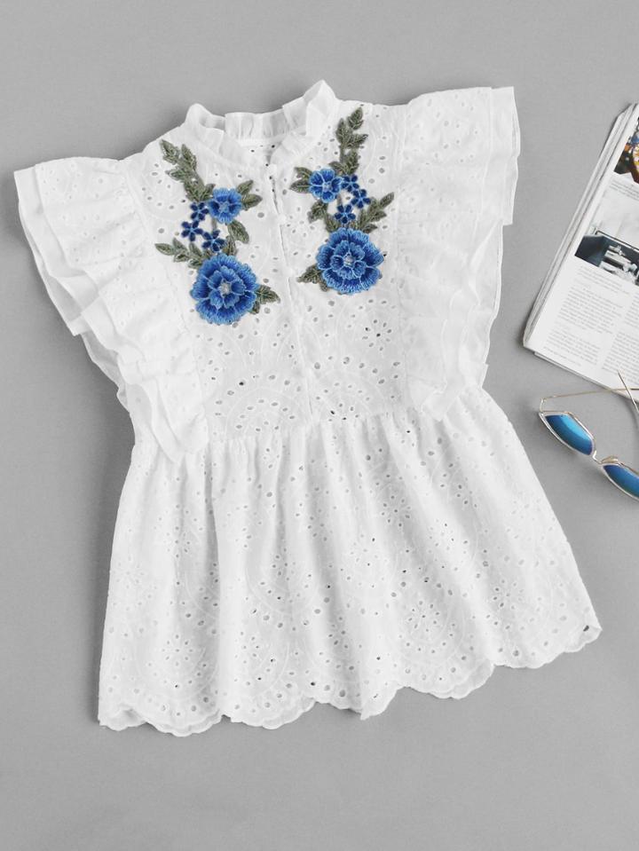 Shein Flower Applique Layered Flutter Sleeve Eyelet Embroidered Top