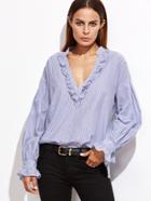 Shein Blue Vertical Striped Deep V Neck Ruffle Blouse