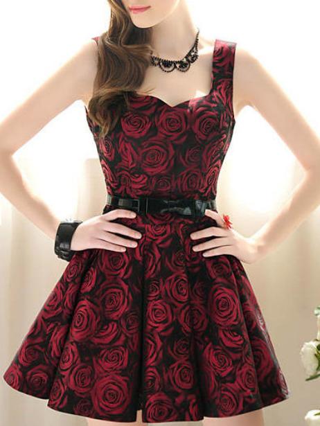 Shein Sleeveless Rose Print Flare Dress