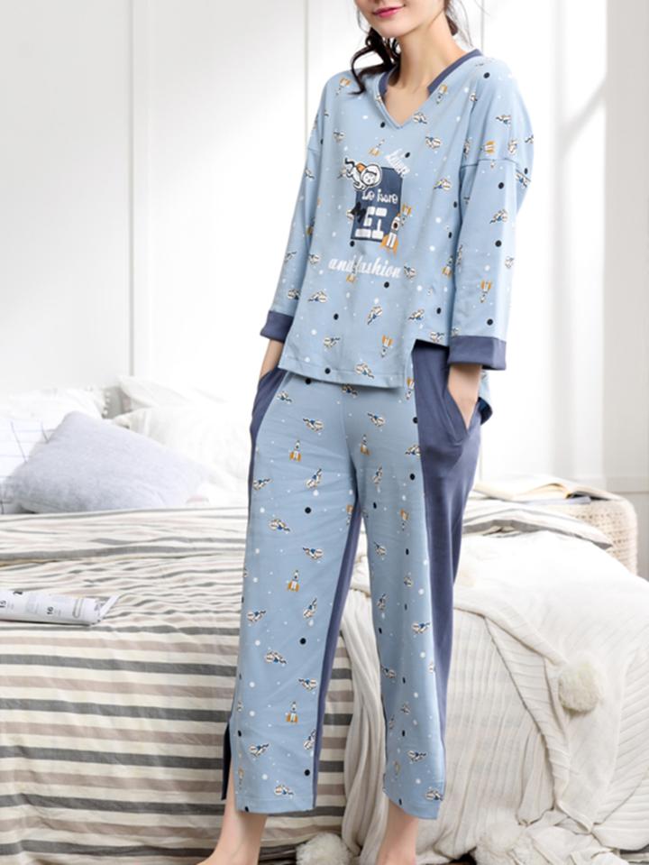 Shein Seamless Pattern Contrast Panel Tee & Pants Pj Set