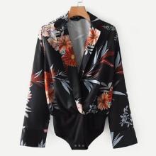 Shein Satin Botanical Print Blouse Bodysuit