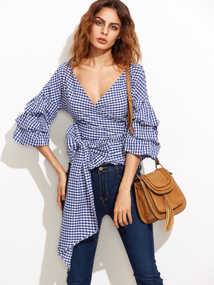 Shein Navy Gingham Billow Sleeve Surplice Wrap Blouse