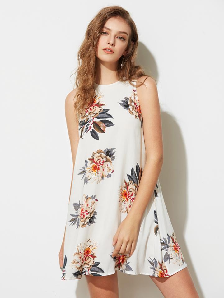 Shein Flower Print Buttoned Keyhole Back Flowy Dress