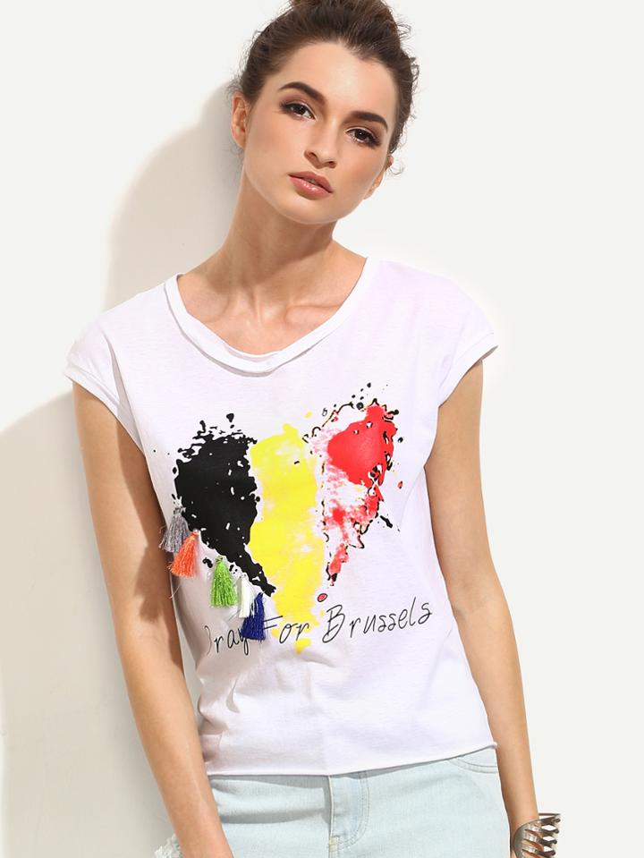 Shein White Heart Print Tassel Embellished Tie Back T-shirt
