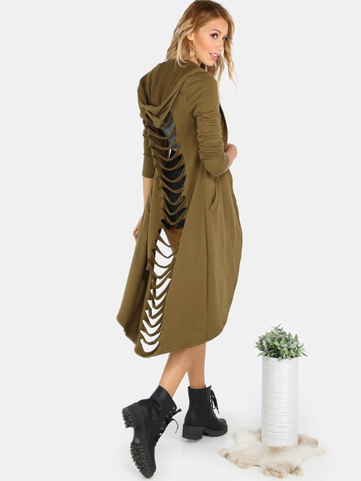 Shein Slashed Open Front Hooded Sweat Coat Olive Green