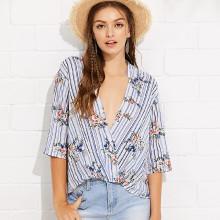 Shein Plunge Neck Floral & Striped Wrap Top