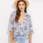 Shein Plunge Neck Floral & Striped Wrap Top
