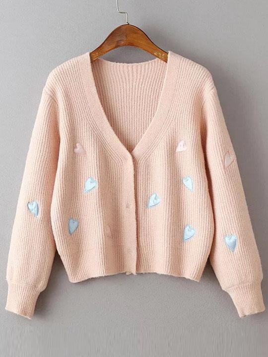 Shein Pink Heart Embroidery Hidden Button Ribbed Sweater Coat