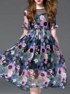 Shein Multicolor Contrast Gauze Rufffle Sleeve Pleated Print Dress
