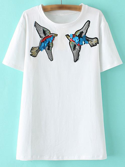 Shein White Short Sleeve Birds Sequined Embroidery T-shirt