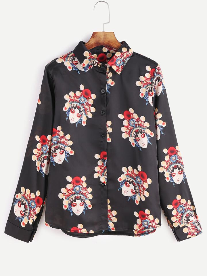 Shein Black Cartoon Print Button Shirt