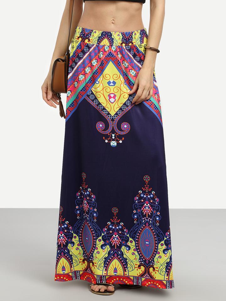 Shein Blue Vintage Print Maxi Skirt