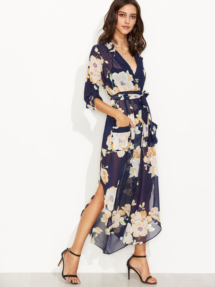 Shein Navy Floral Print Self Tie Wrap Chiffon Dress