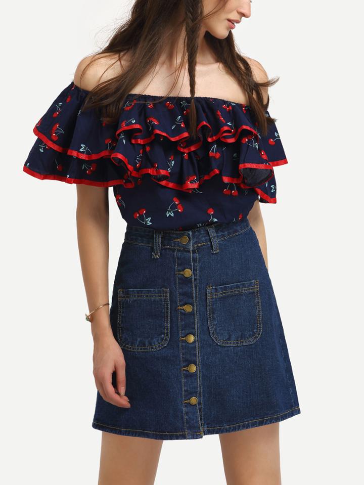 Shein Off The Shoulder Cherry Print Ruffle Top