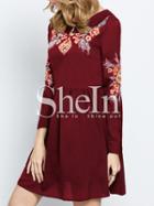 Shein Red Crew Neck Floral Embroidered Dress