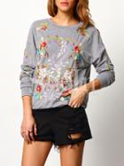 Shein Grey Crew Neck Embroidered Sweatshirt
