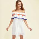 Shein Pom Pom Trim Flower Embroidered Flounce Bardot Dress