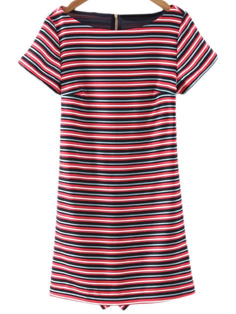 Shein Red Short Sleeve Zipper Back Stripe Romper