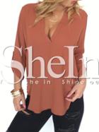 Shein Orange Deep V Neck Adjustable Sleeve Dip Hem Blouse