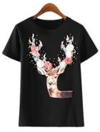 Shein Black Short Sleeve Studded Flowers Deer T-shirt