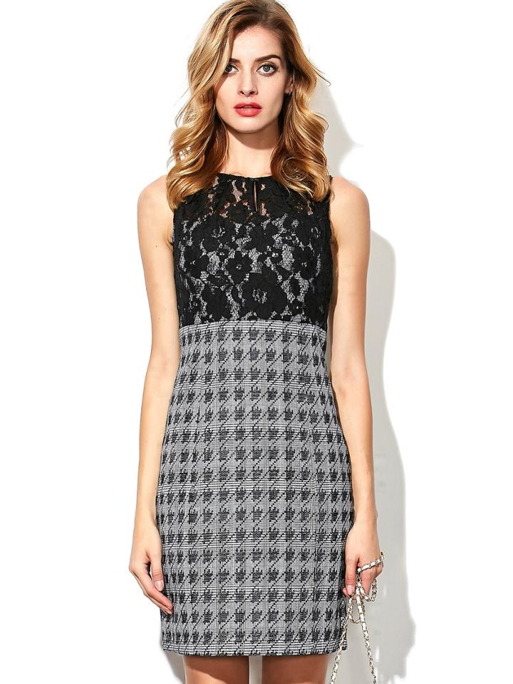 Shein Black Round Neck Sleeveless Contrast Lace Dress