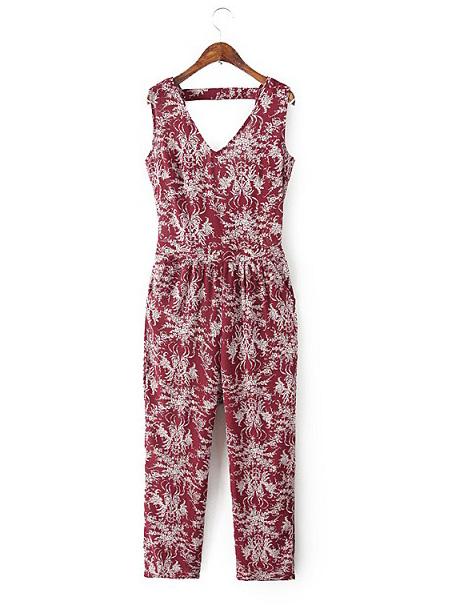 Shein Burgundy Sleeveless V Neck Printed Siamese Trousers