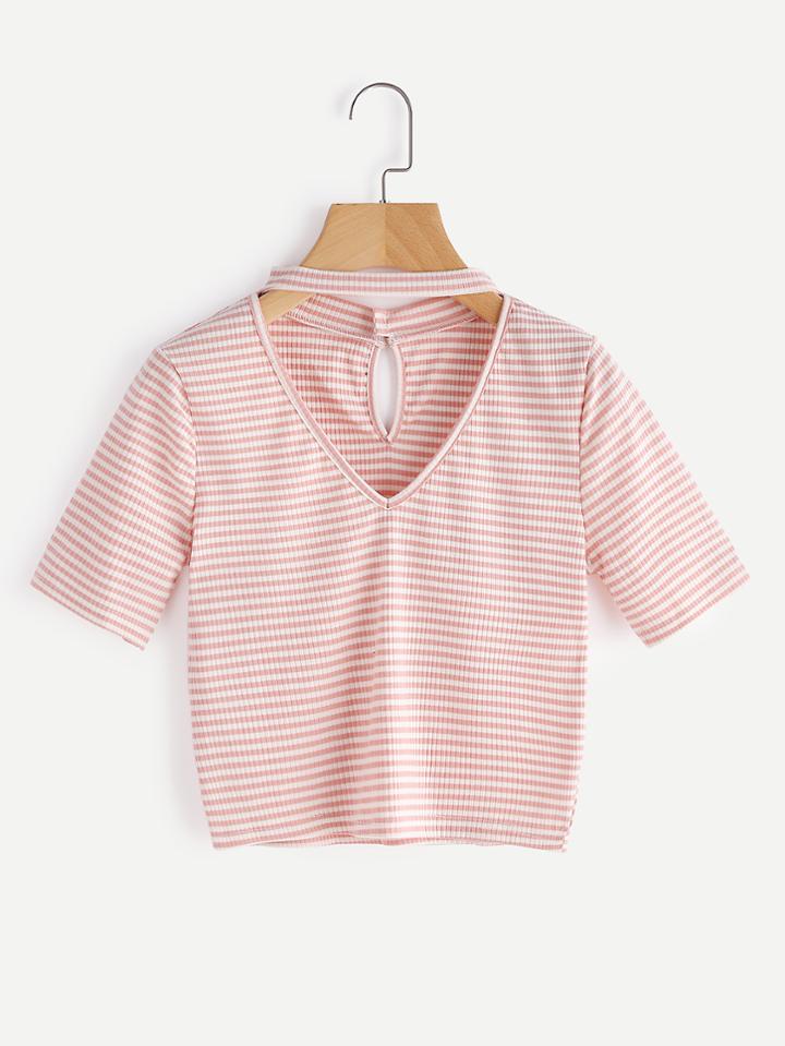 Shein Choker V Neckline Pinstripe Ribbed Keyhole Back Tee