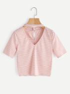 Shein Choker V Neckline Pinstripe Ribbed Keyhole Back Tee